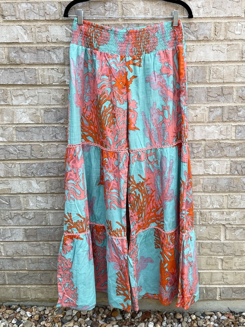 Debbie Katz Tala Pant Sea, Boho Wide-Leg Tiered Pants in Aqua & Coral - L - Picture 4 of 10